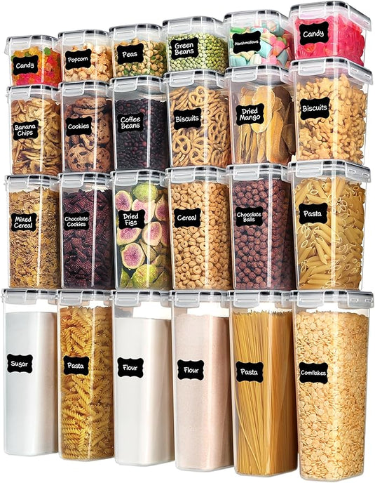 Airtight Food Storage Containers with Lids, Vtopmart 24 pcs Plastic Kitchen and Pantry Organization Canisters for Cereal, Dry Food, Flour and Sugar, BPA Free, Includes 24 Labels,Black