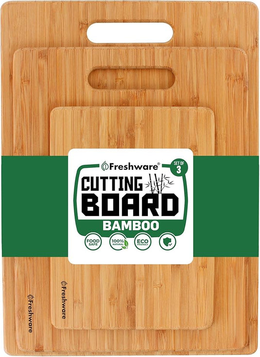 Freshware Bamboo Cutting Board Set of 3, Wooden Cutting Boards for Kitchen, Knife Friendly Food Grade Chopping Board, Lightweight with Hanging Hole for Easy Storage