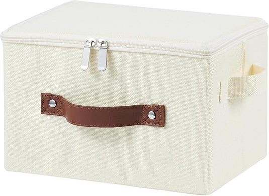 Storage Bins with Zipper Lid Cotton Linen Fabric Lidded Storage Baskets Boxes Foldable Washable Closet Shelf Clothes Organizer Container with PU Leather Handles (Beige, Small Size)