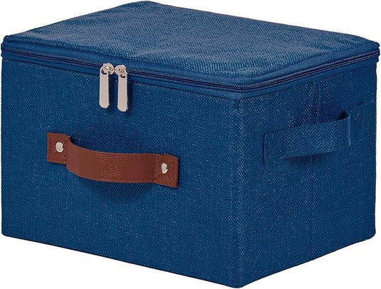 Storage Bins with Zipper Lid Cotton Linen Fabric Lidded Storage Baskets Boxes Foldable Washable Closet Shelf Clothes Organizer Container with PU Leather Handles (Deep Blue, Small)
