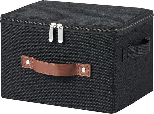 Storage Bins with Zipper Lid Cotton Linen Fabric Lidded Storage Baskets Boxes Foldable Washable Closet Shelf Clothes Organizer Container with PU Leather Handles (Black, Small Size)