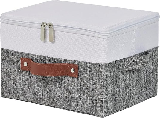 Storage Boxes with Zipper Lid Cotton Linen Fabric Lidded Storage Bins Baskets Foldable Washable Closet Shelf Clothes Organizer Container Faux Leather Handles (Gray White, Small)